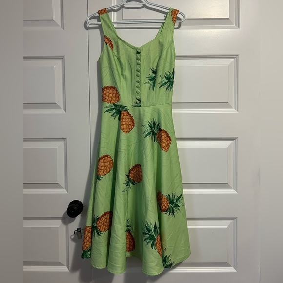 belle poque Dresses & Skirts - Retro Tropical Pineapple Print Midi Dress with Covered Buttons